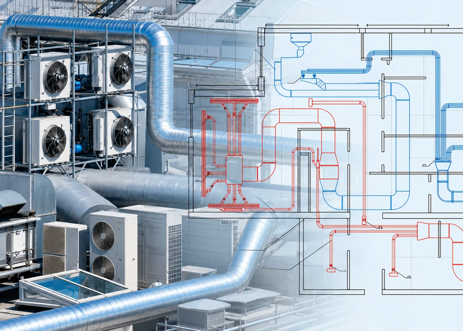Instalación HVAC industrial: ductería, equipos de azotea y plano isométrico del sistema